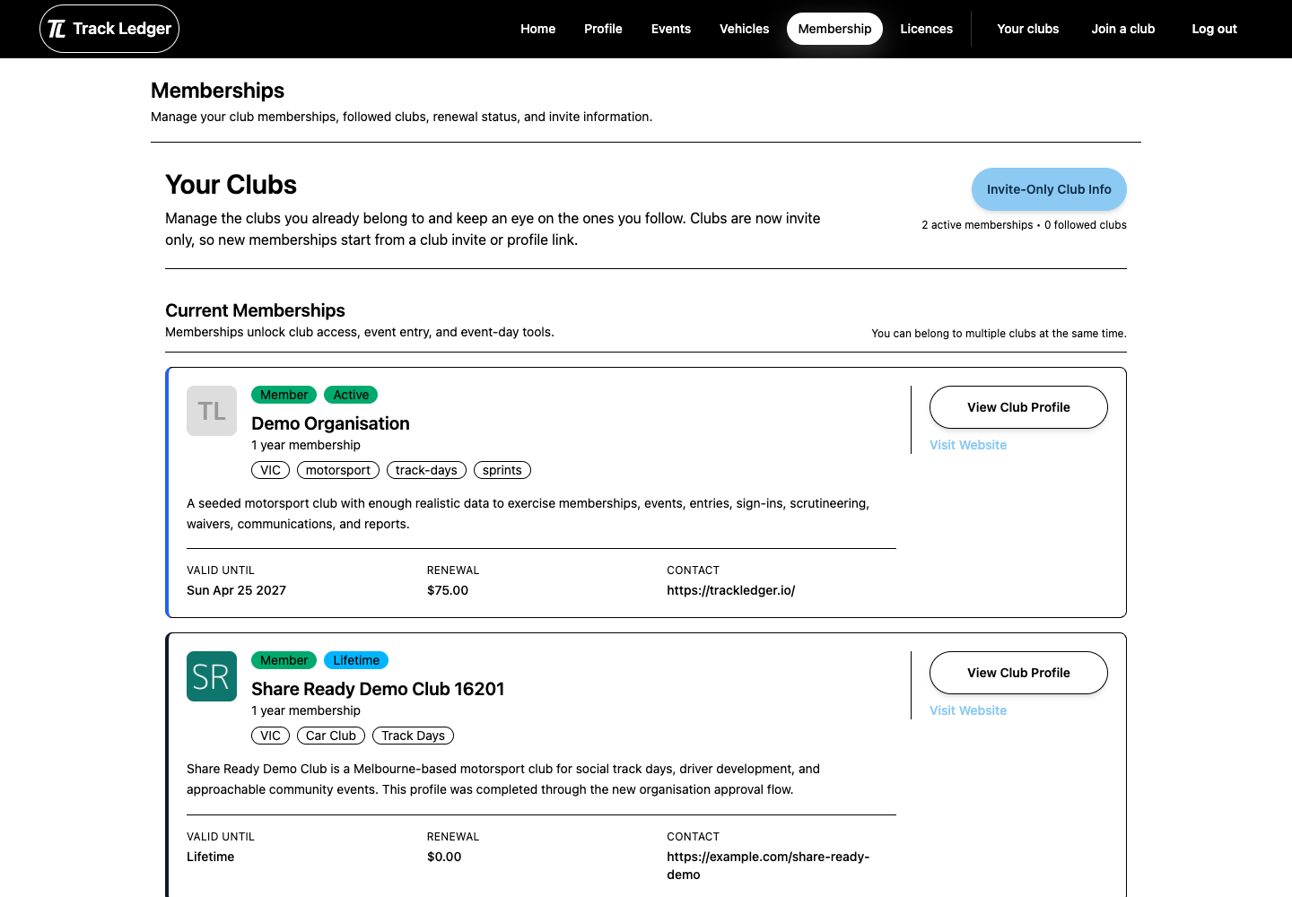 Member memberships page with club access