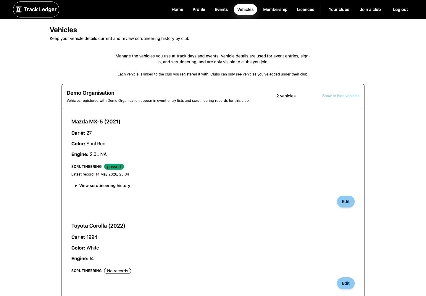 Member vehicles page