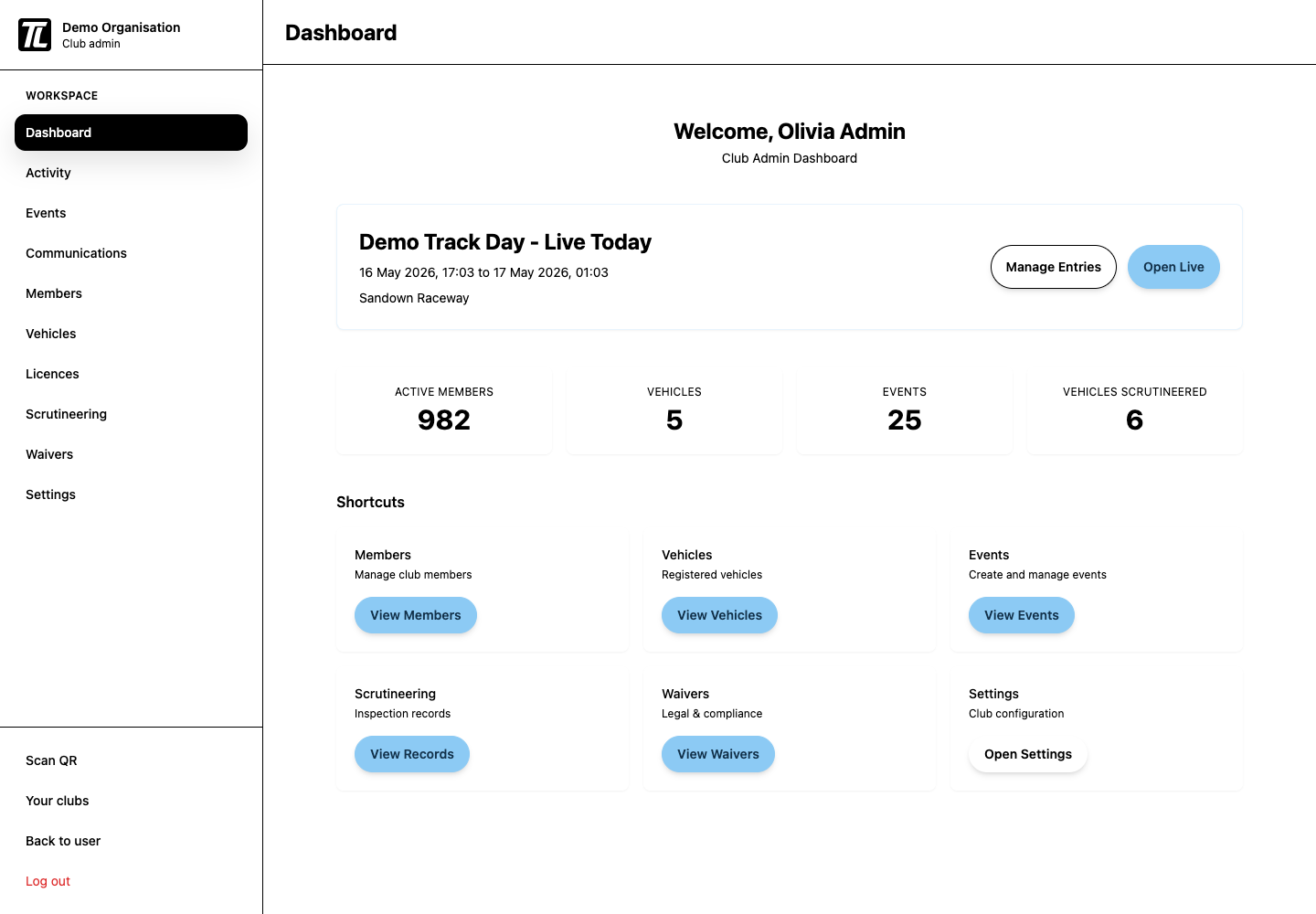 TrackLedger organisation admin dashboard