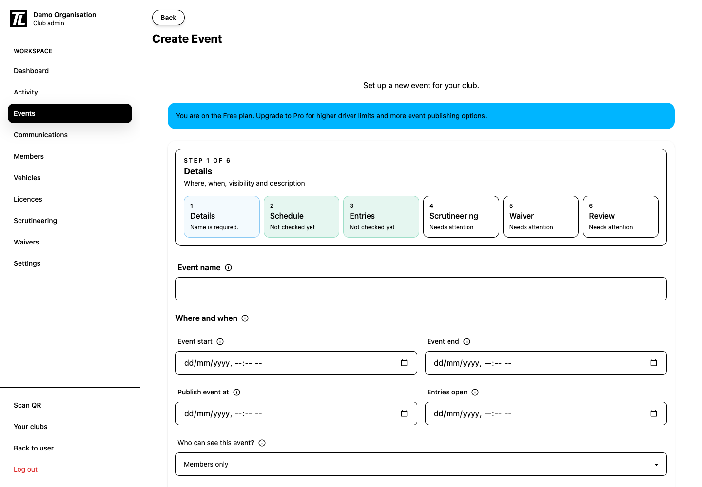 Create event wizard