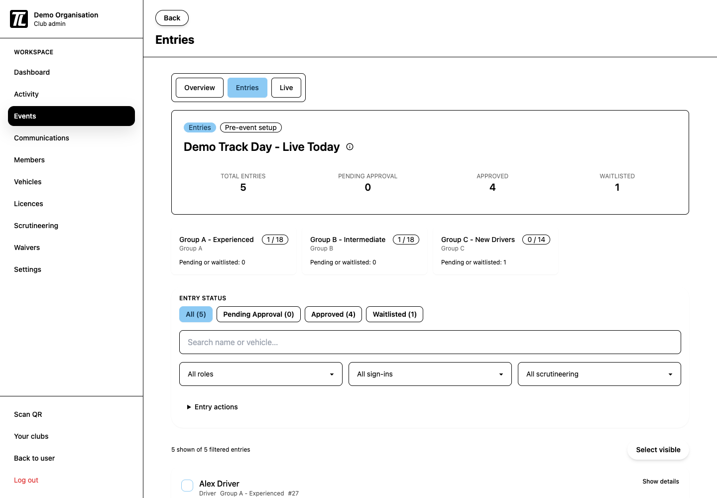 Event entries admin page