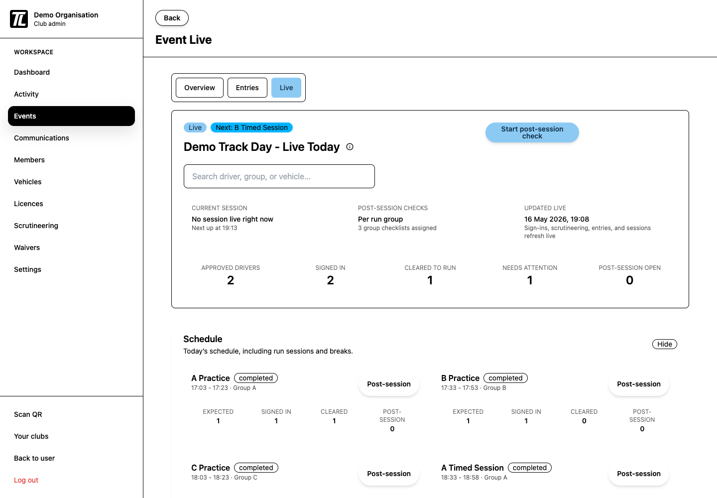Live event admin page