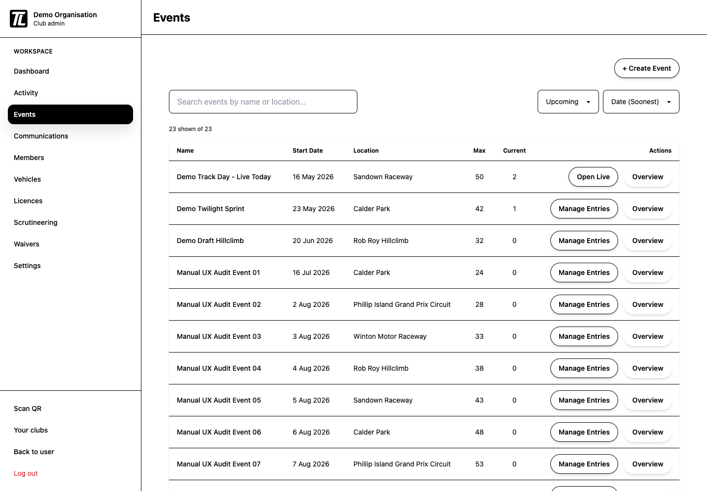 Club admin events list