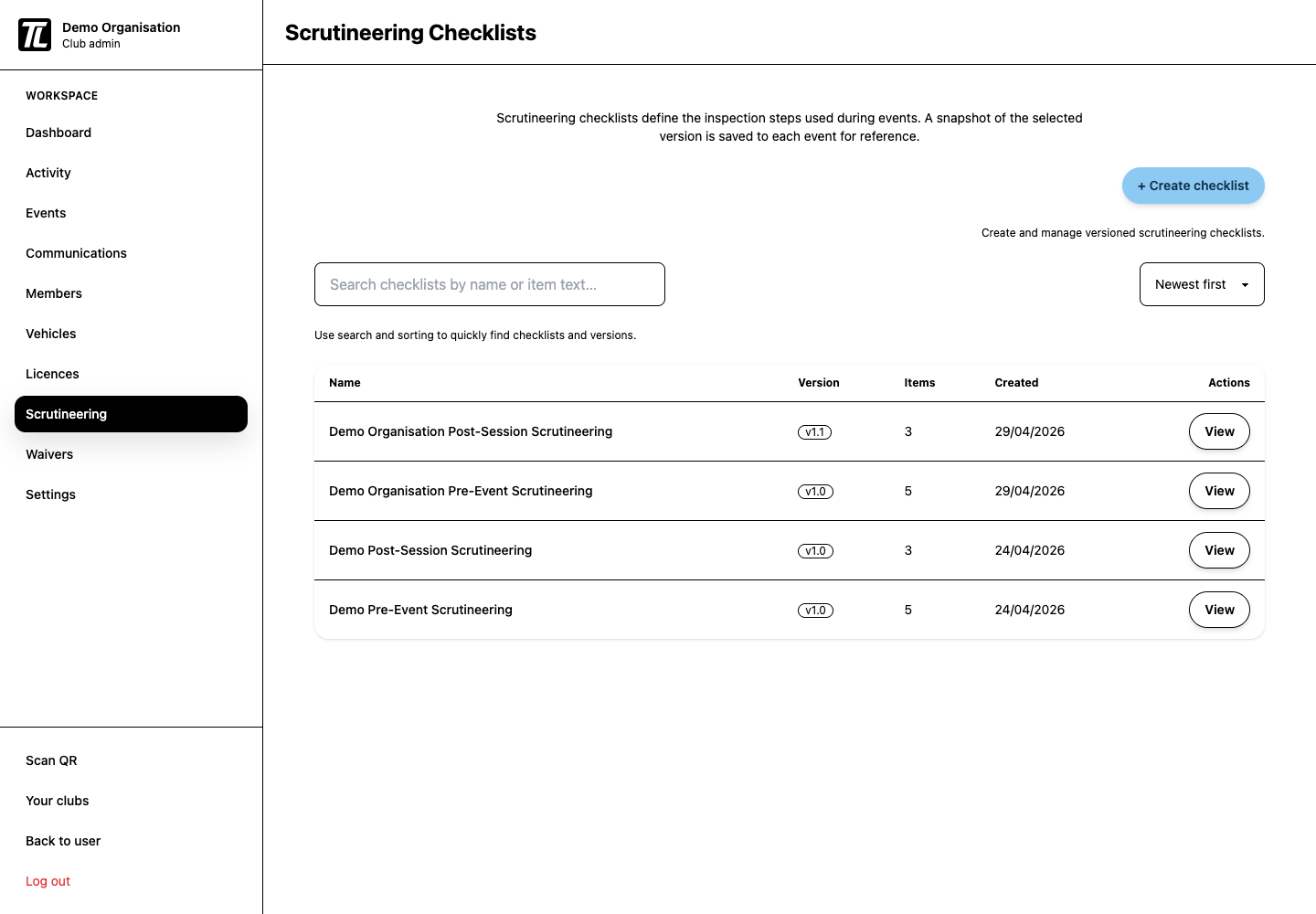 Scrutineering checklist templates list